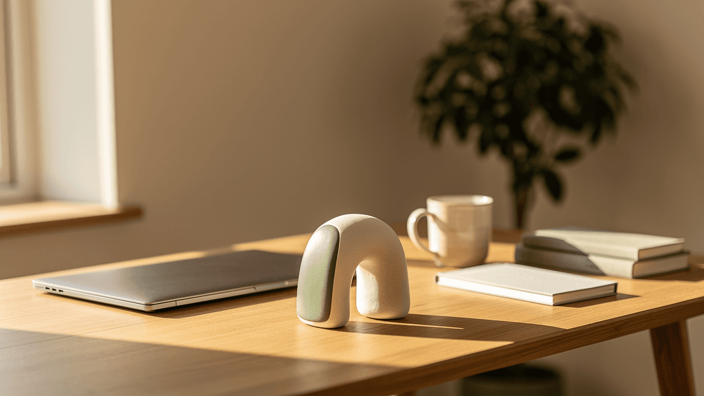A calm wooden desk by a window, with a small sculptural form anchoring the foreground.