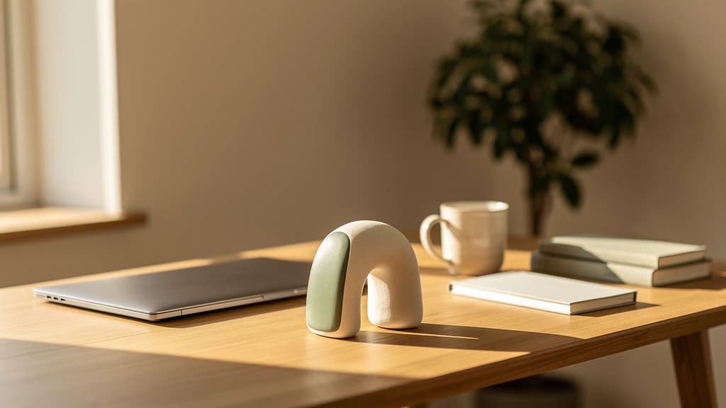 A calm wooden desk by a window, with a small sculptural form anchoring the foreground.